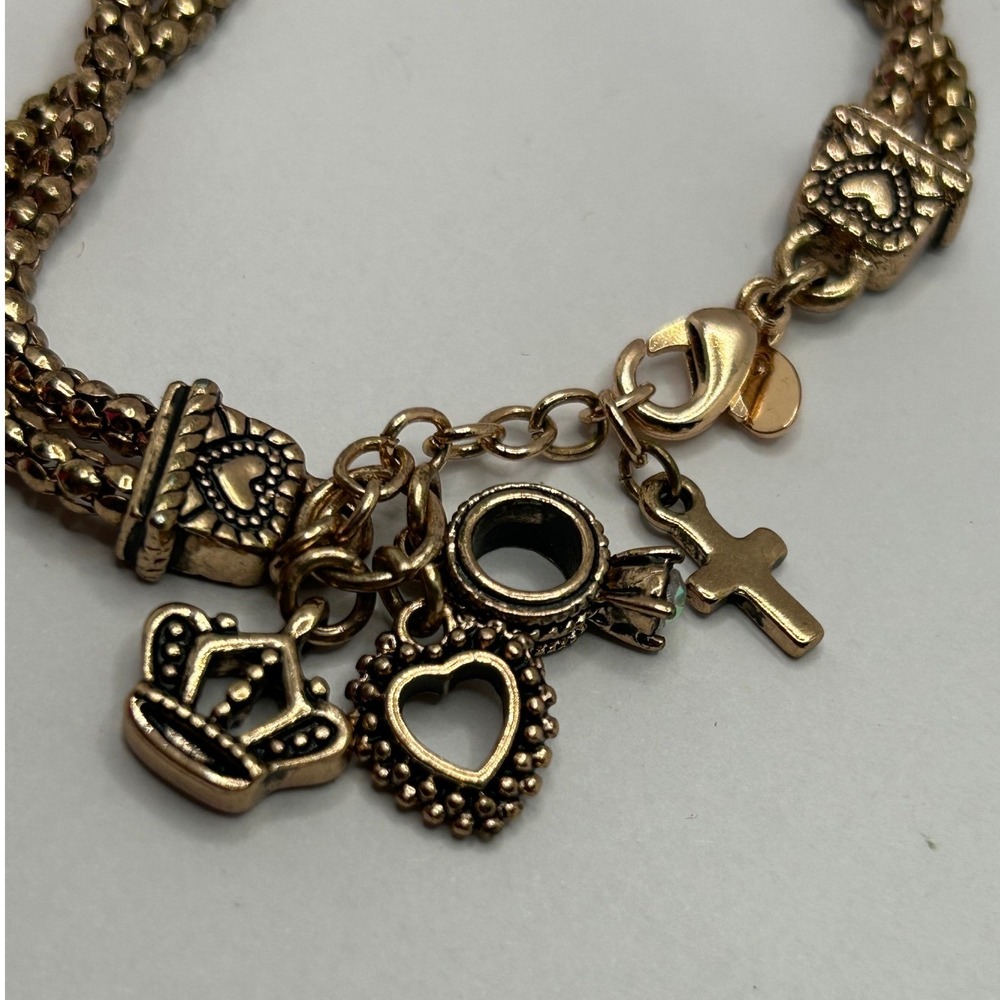 Premier Design‎ Gold Tone Multi Strand Charm Bracelet Crown Heart Cross Y2K 7.5"